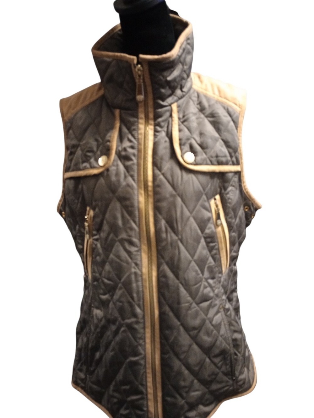 Vince Camuto Quilted Brown/Tan Sleeveless Vest, Zippers, Size M